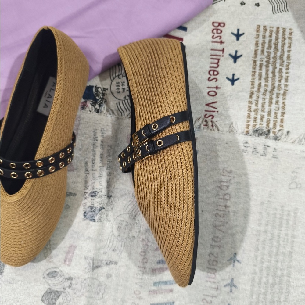 Alaia Camel Woven Mary Jane Flats with Black Studded Strap - Picture 3 of 7